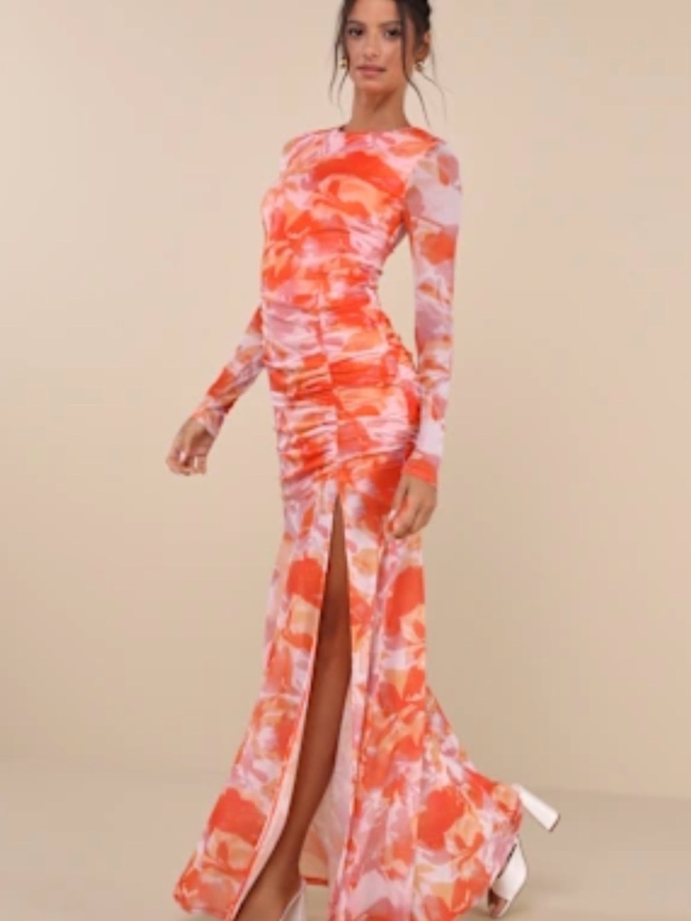 Lulu's Coral & Pink Abstract Ruched Long-Sleeve Maxi Dress with Slit